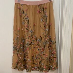 Cupio Tan A-Line Skirt with Pink Floral Embroidery